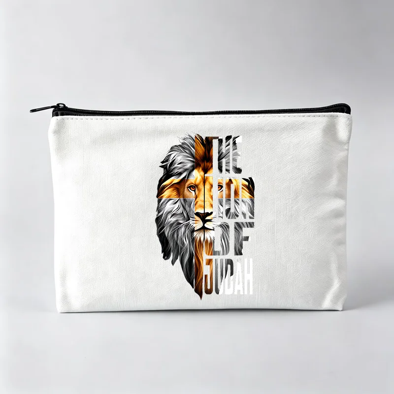 Bolsa de Maquillaje con Diseño de León y Cruz para Mujer, Bolsa Cosmética con Cierre para Uso Diario
