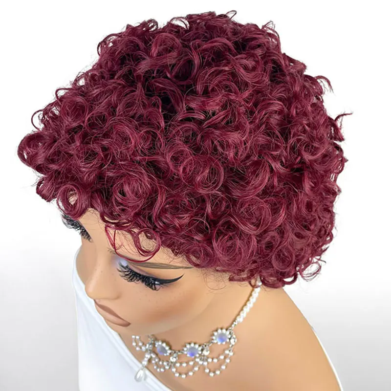 Short Curly Pixie Cut Human Hair Wigs For Black Women 99J Pixie Cut Wigs Human Hair Full Machine Made Wigs On Sale