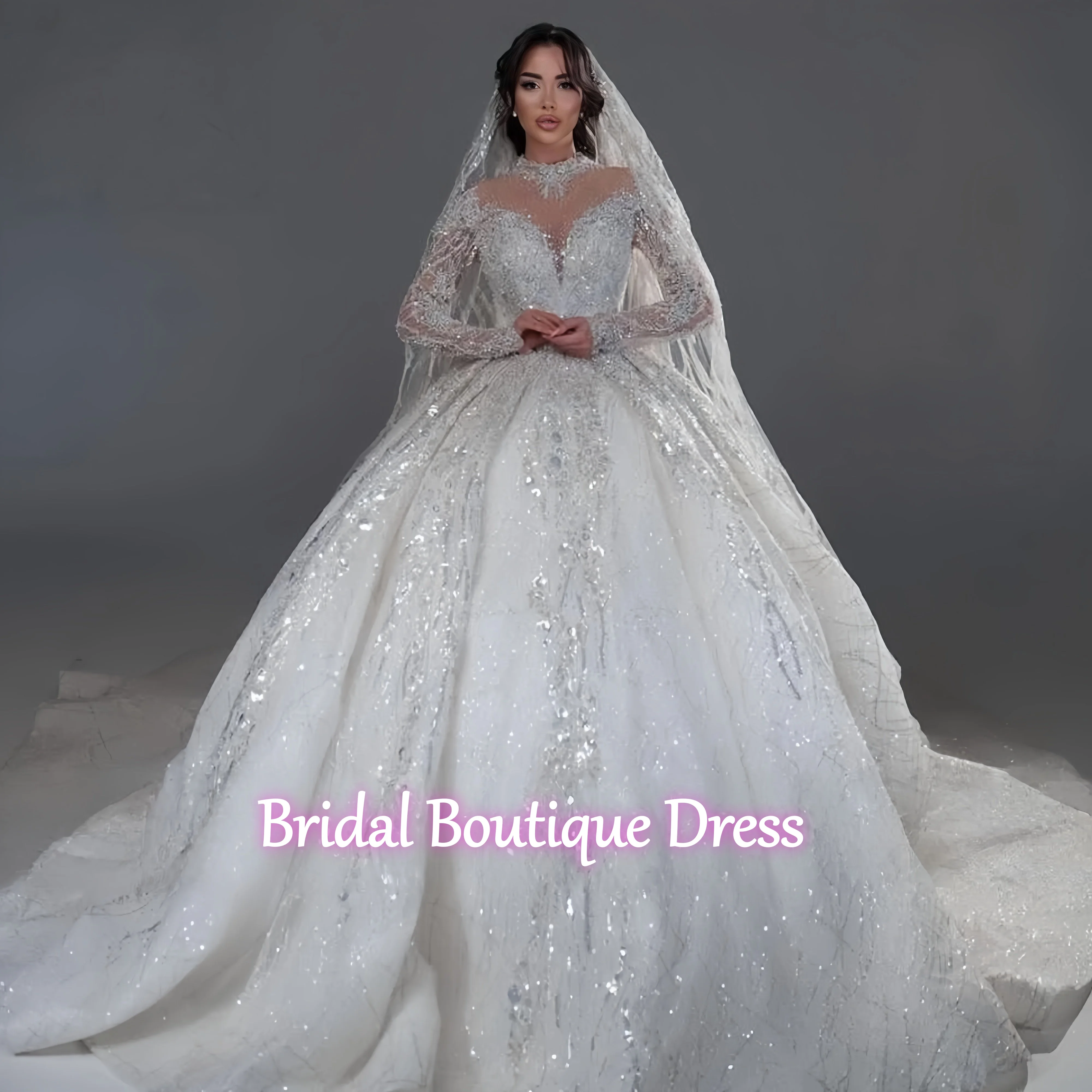 

Роскошное бальное платье по индивидуальному заказу, свадебные платья с высоким воротом и длинными рукавами, кружево, блестящие бусины, свадебные платья принцессы, Vestidos De Noiva