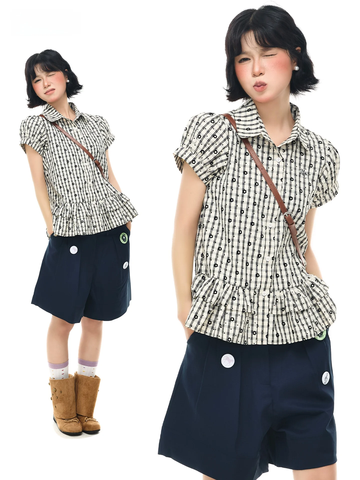 

Sanowers Korean Style Short Sleeve Pleated Hem Bubble Sleeve Waist Cinched Collared Shirt for Women Summer Floral Print Blouse