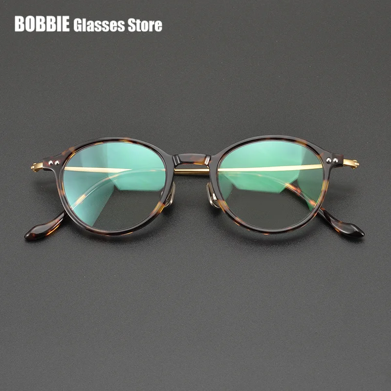 Acetate Glasses Frame Retro Small Round Frames Pure Titanium Spectacle Ultralight Myopia Eyglasses Japanese Handmade Designer