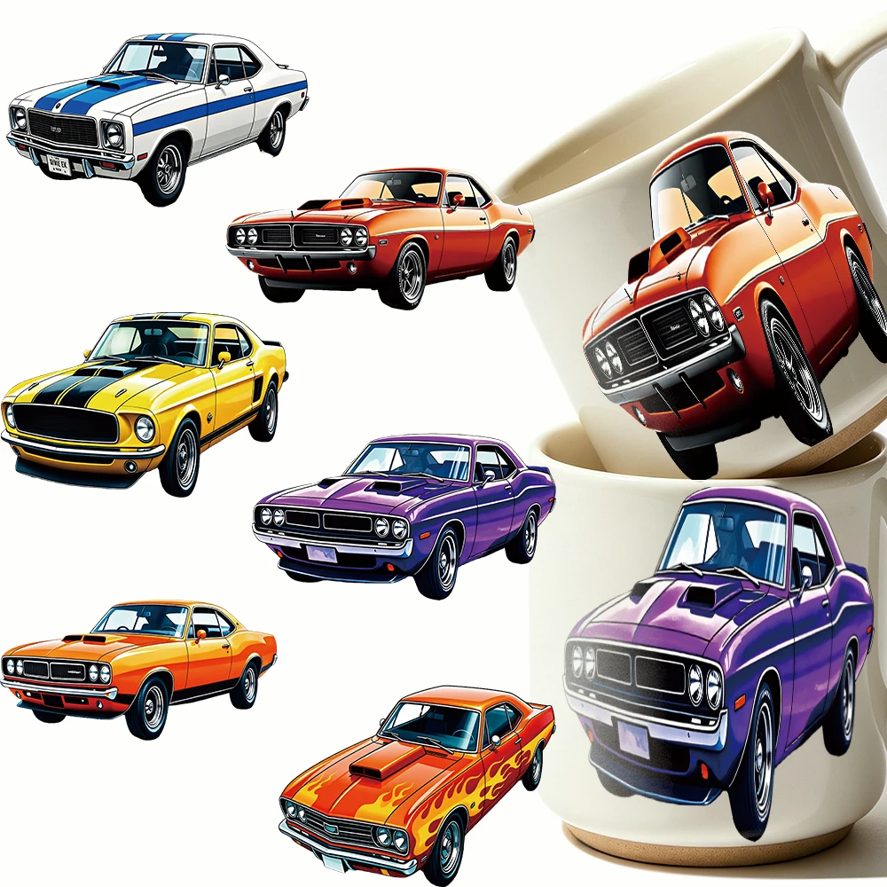 6pcs Cartoon Retro Motorcycle Transfer Crystal Stickers For Cup Red Flame Muscle Car UV Transfer Sticker Cup/Wall/Window Decorat