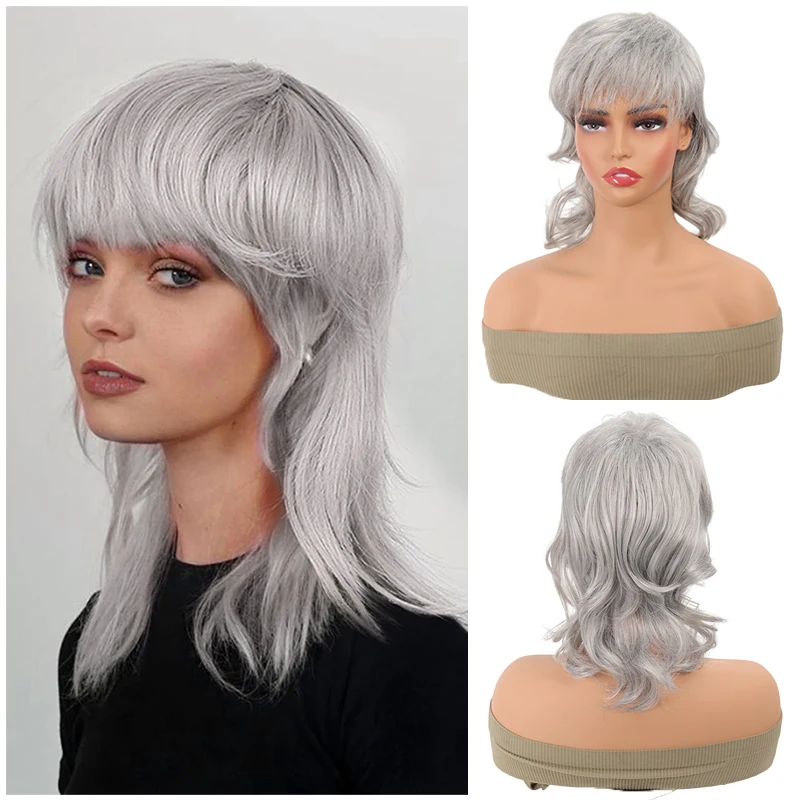 

Silver Gray Short Wavy Synthetic Wigs with Bangs Fluffy Grey Short Wig with Bangs Heat-resistant Fibers for Women 8 Inch