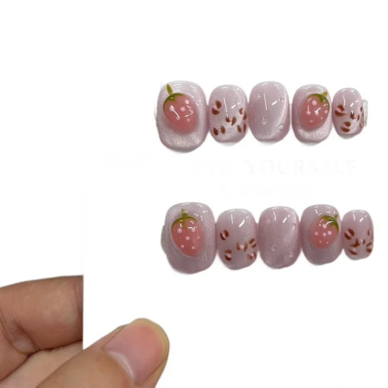 Nailover  Hand-Worn Nail Short Square round Succulent Strawberry Sweet Sweet Cute Thin and Glittering Pinch