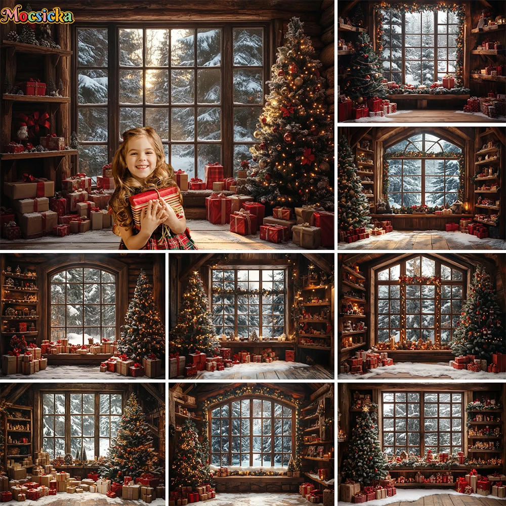 

Christmas Gift House Background Photography Rustic Wooden Window Xmas Tree Present Stand Backdrop Kids Birthday Photo Studio