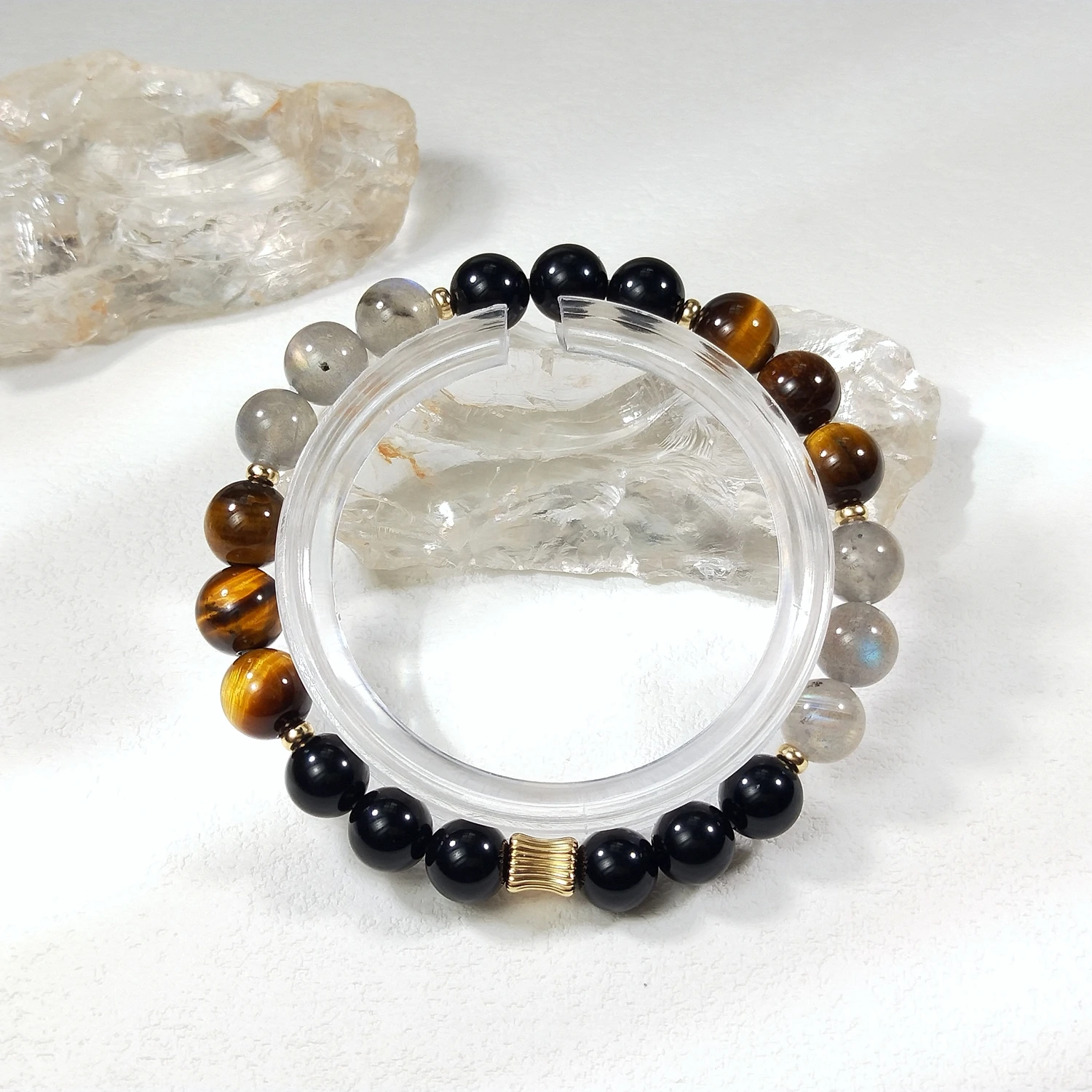 Lii Ji الحجر الطبيعي قوس قزح سبج عين النمر اللابرادوريت 6/8 مللي متر مع كريستال أمريكي 14K الذهب معبأ سوار مرن #5