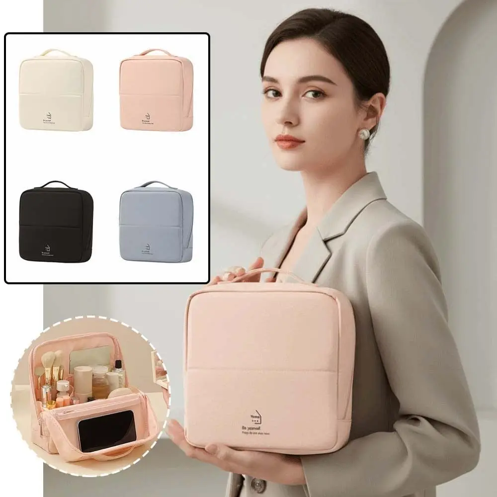 Large Open Standing Makeup Bag Waterproof Fabric Smooth Zipper Cosmetic Pouch Multiple Compartments Lightweight
