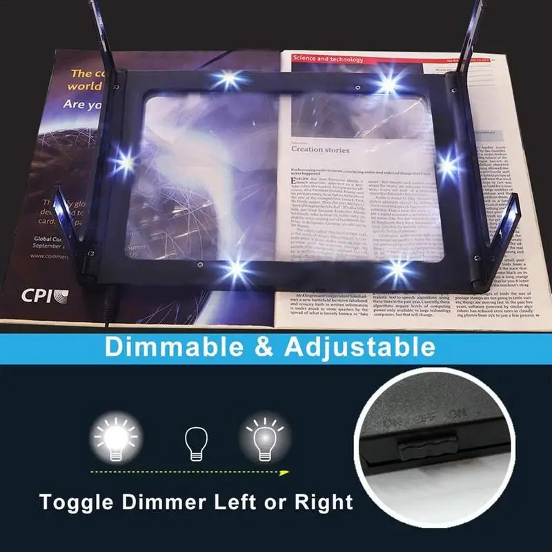 Page Magnifier Magnifying Glass With 6 Led Light Hands-Free Magnifying Glass Large Lens Magnifier Full-Page Rectangular
