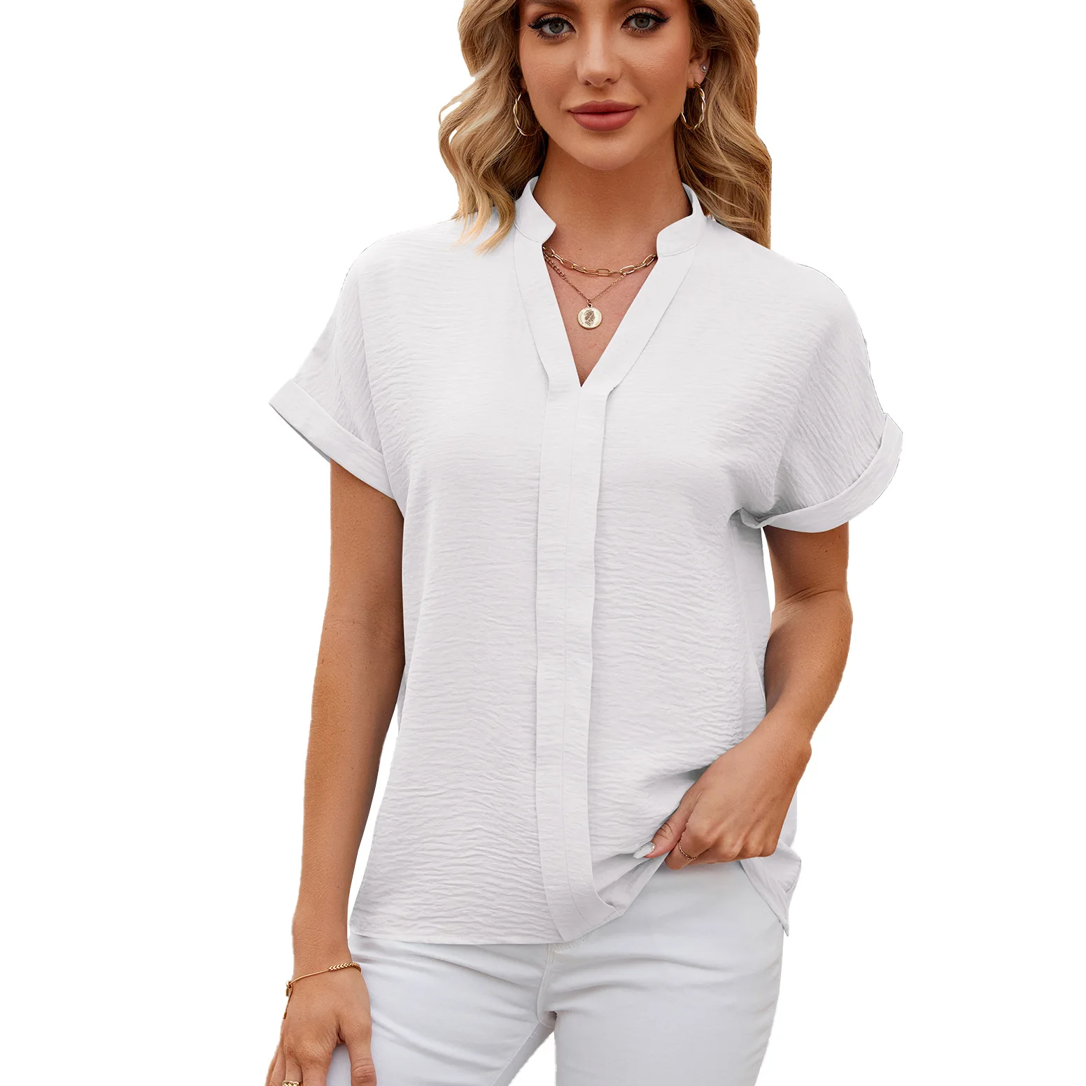 Women's Short Sleeve Chiffon Tops, Solid V Neck, Summer