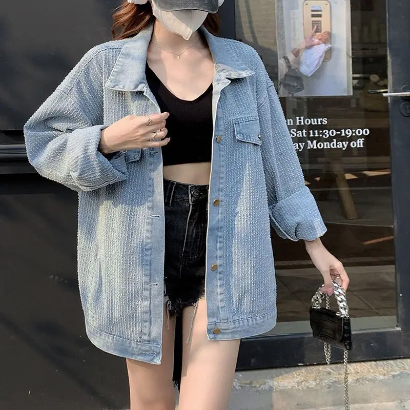 

Женская модная джинсовая куртка весна/осень, свободный крой, миниатюрный размер, жаккардовый дизайн с вышивкой, повседневная куртка в уличном стиле