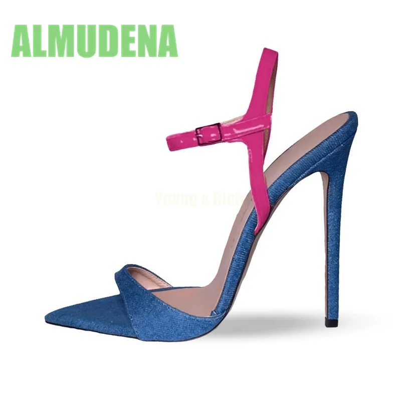

Pointed Sandals with Fashionable Colorful Buckle Strap Design Simple Style Color Blocking Slim Heels Women's High Heels