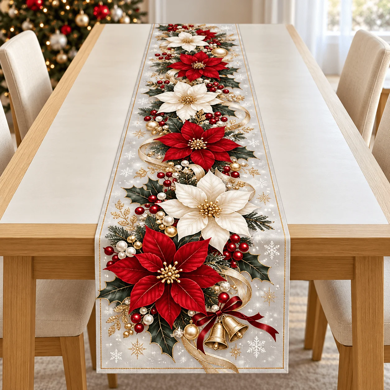 1 table flag, linen Christmas printed table flag, red and white Christmas flowers have a festive atmosphere!