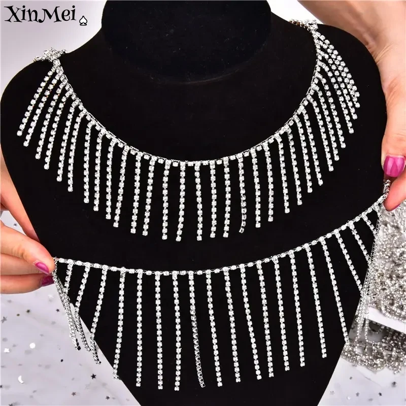 5/8/12cm Long Rhinestone Tassel Trim Glitter Clear Crystal Dangle Fringe Bridal Diamond Chain DIY Clothing Bags Shoes Decoration