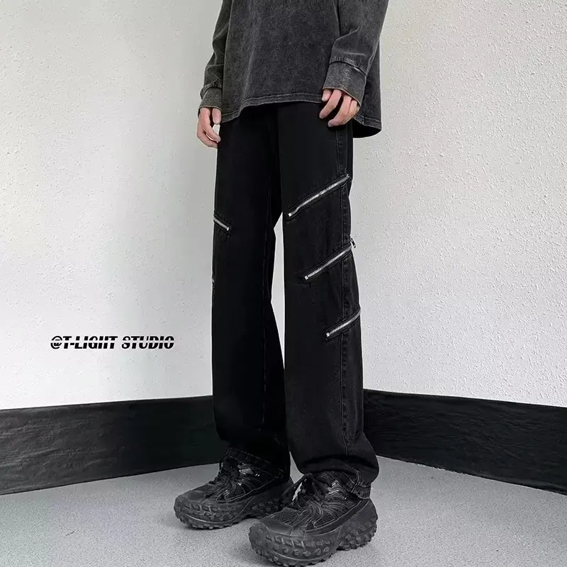 

Retro American Deconstructed Style Men's Jeans Straight Leg Patchwork Zipper Splicing High Waist Casual Blue Denim Trousers