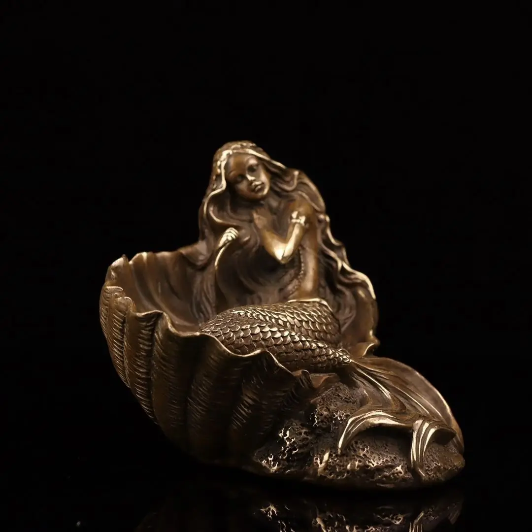 Pure copper mermaid retro shell decoration creative European decoration high-grade copper statue living room light luxury deskto