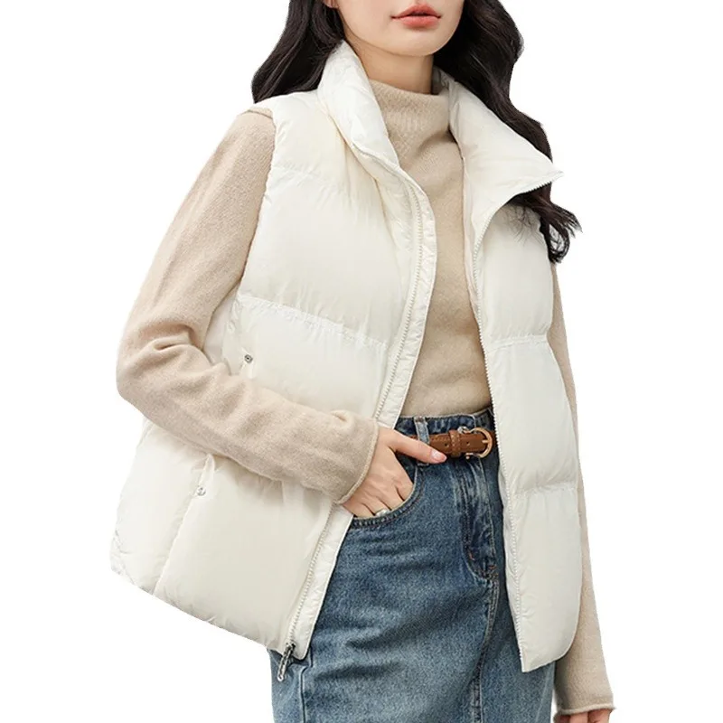 Autumn Winter Women Down Jacket Sleeveless Cardigan Vest White Duck Down Warm Puffer Jacket Chic Design Short Tops Zipper Pocket