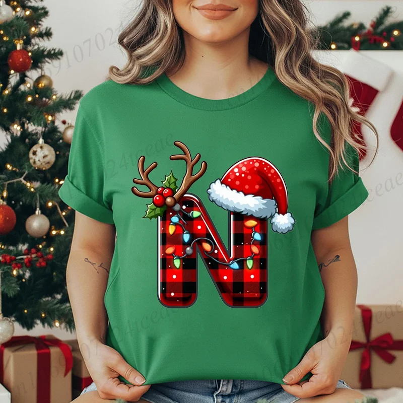 Vrouw Kerst Alfabet Grafische Print T-shirt Casual O-hals Mode Casual Zachte Kerstmuts met korte mouwen, Rendier Creatieve Tops