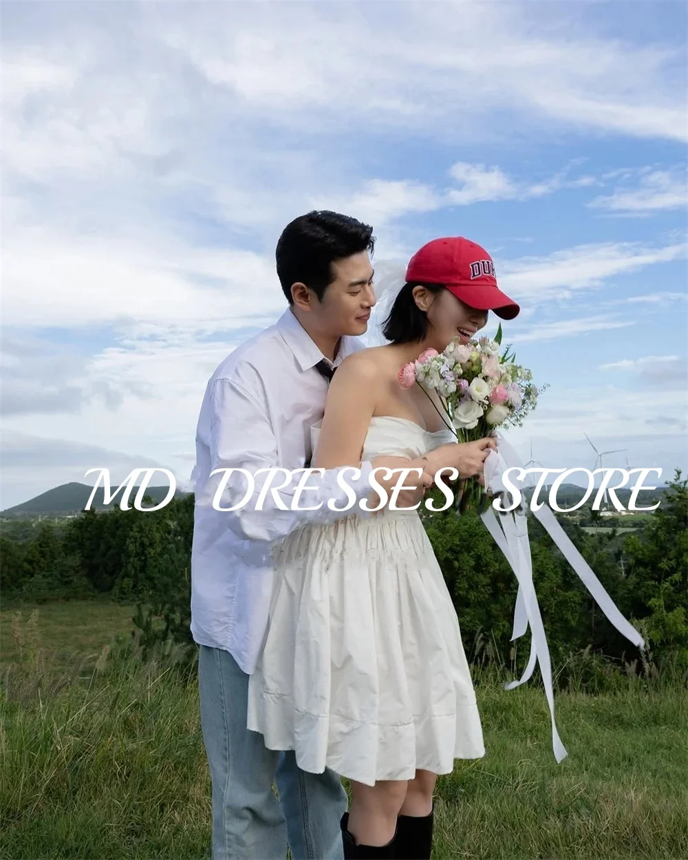 MD 2025 Lvory Short A-line Wedding Dresses 웨딩드레스  Sweetheart Mini Korea Photo Shoot Sleeveless Above Knee Bride Gown Customised