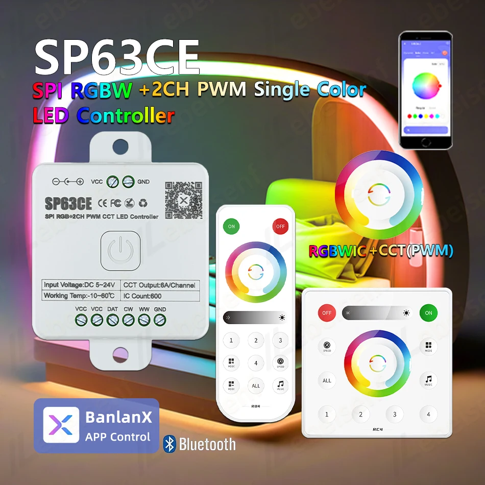 SP63CE SPI RGB + PWM CCT kontroler LED DC 5V 12V 24V magiczne światło kolorowy pasek inteligentne Bluetooth Pixel Dimmer 2.4G RF pilot dotykowy