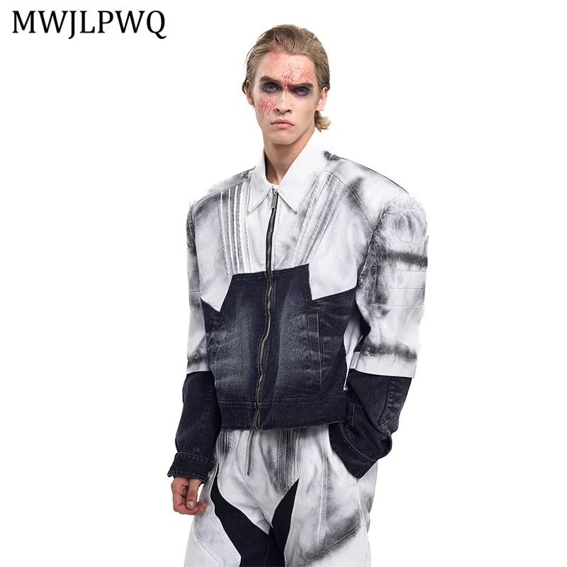

MWJLPWQ Short Patchwork Leather Denim Jacket For Men Hand-painted Spray Dirt Niched Design Lapel Long Sleeve Autumn Tops 11304