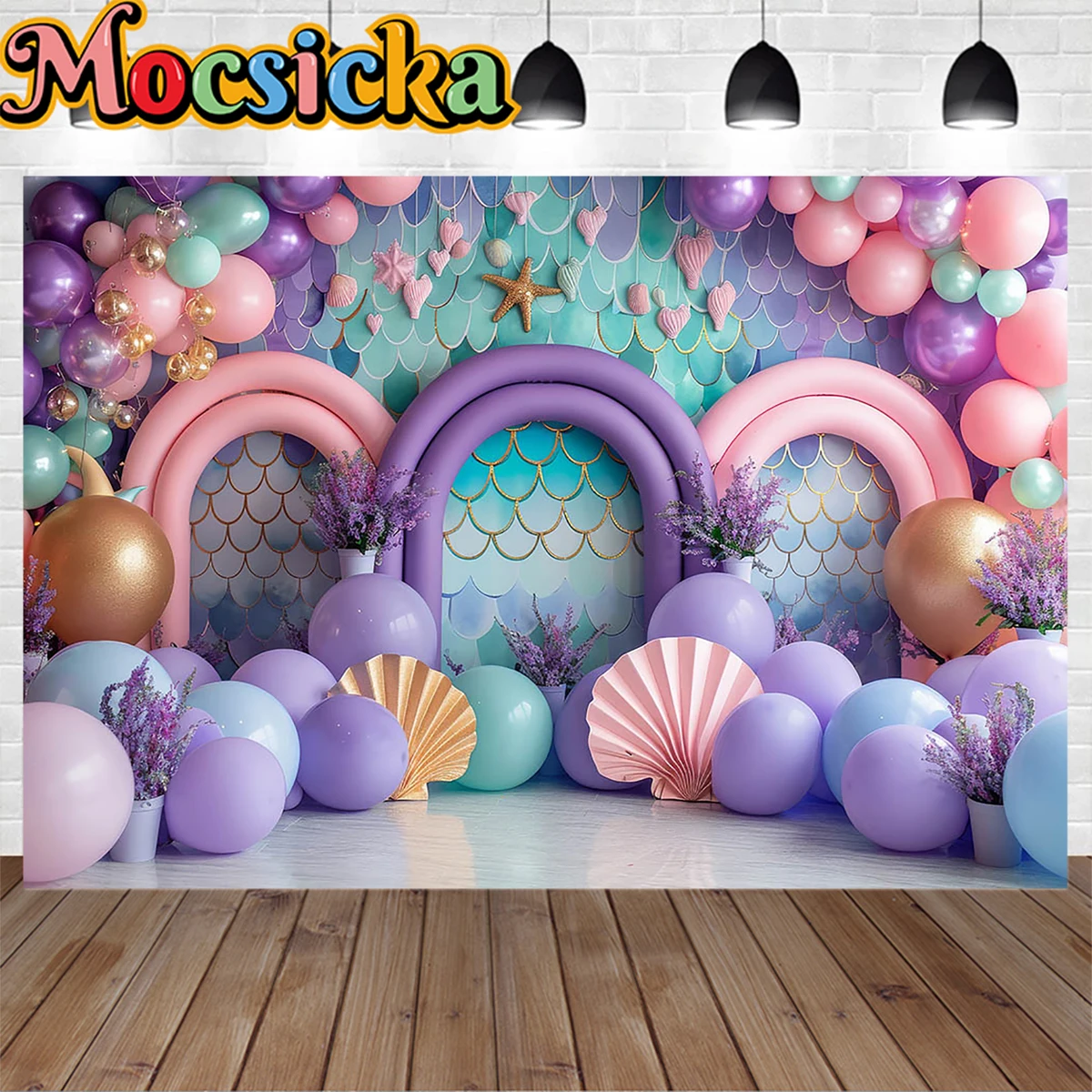 

Mermaid Princess Fantasy Birthday Party Background Photography Purple Fish Scale Balloon Backdrop Girl Wedding Kids Cake Smash