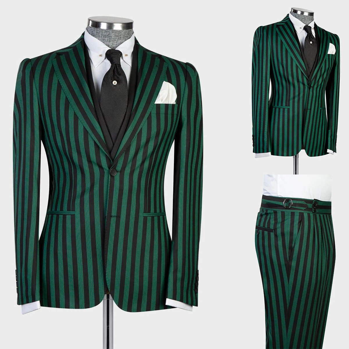 Men's Suit 3 Pieces Blazer Vest Pants Peaked Lapel Single Breasted Tuxedo Wedding Groom Pinstripes Formal Tailored Costume Homme