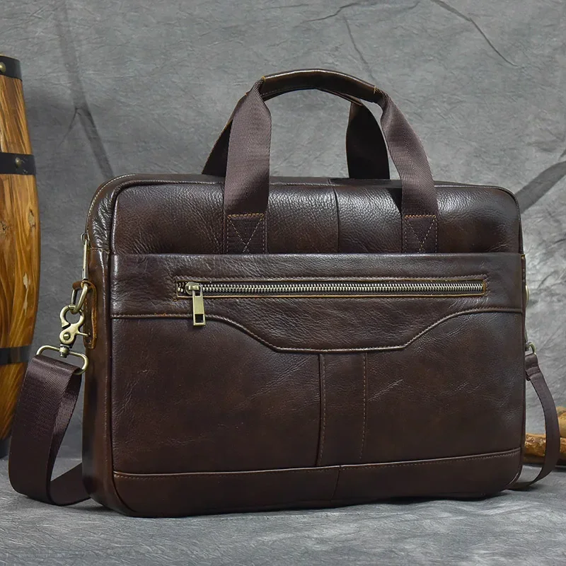 Bolsa de couro genuíno para laptop de 15.6 polegadas, bolsa de pele de vaca para homens, bolsa de ombro crossbody de couro