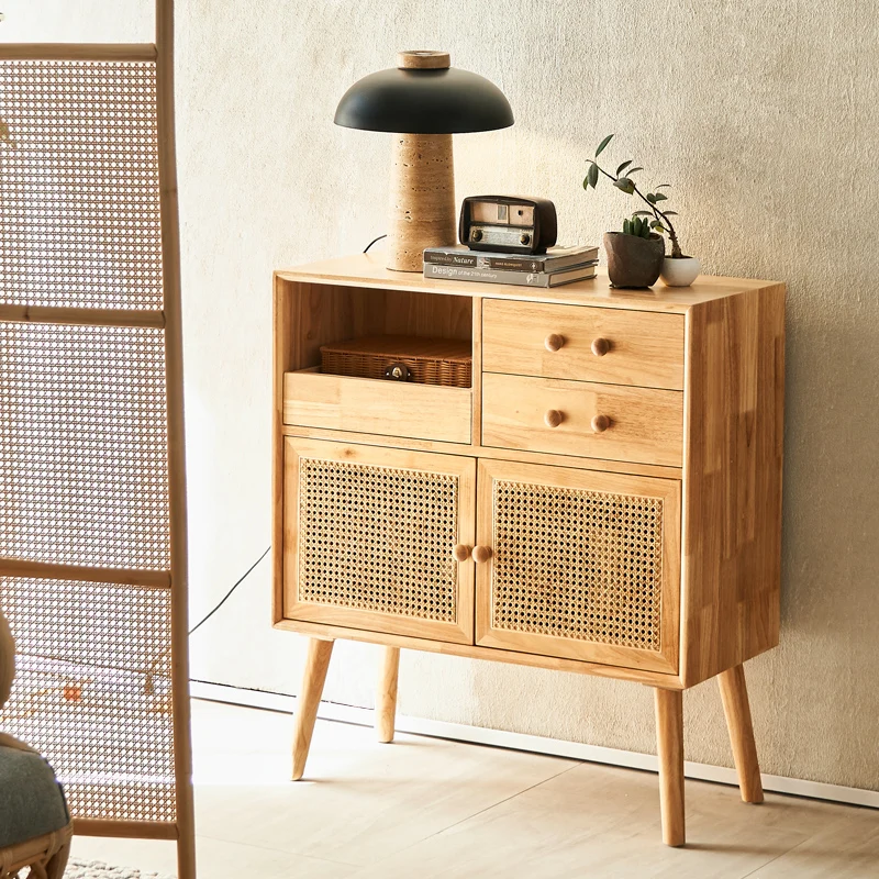 Rattan Locker Solid Wood Kitchen Living Room Cabinet Nordic Rattan Dining Side Cabinet Locker Homestay Storage Cabinet Simple