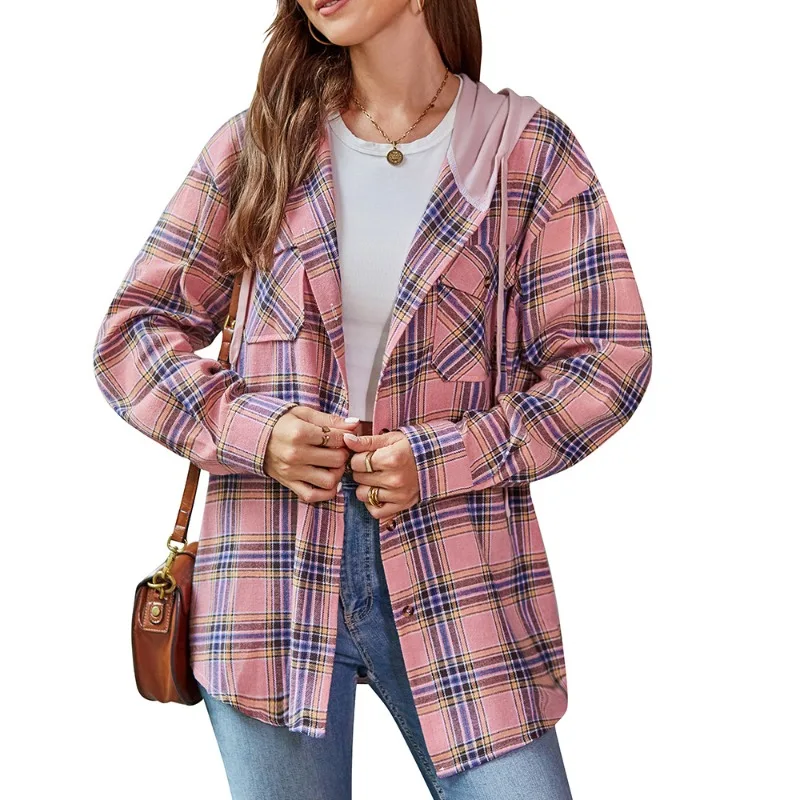 Spring and Autumn Women's Cardigan Hooded Pocket Button Striped Plaid Shirt Sweater Fashion Office Lady Casual Coat Tops