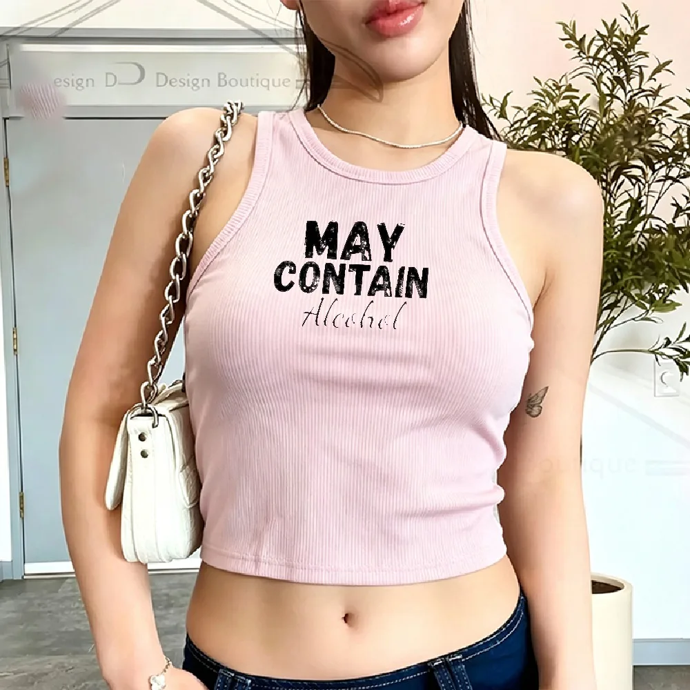Distressed May Contain Alcohol Dual Font Slogan Print Camisole Ribbed Tank Top Crop Y2K Top Female Crew Neck Cropped Slim Vest