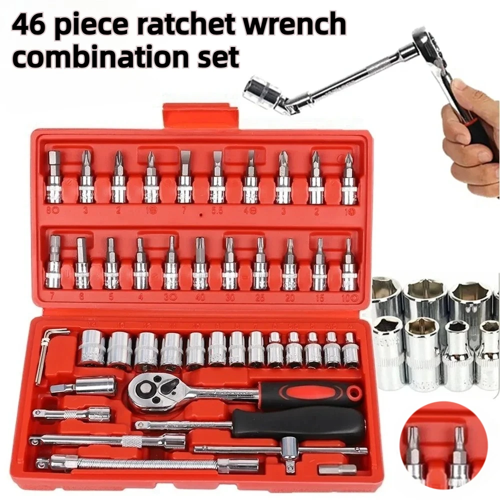 46Pcs 1/4" Drive Socket Wrench Set, Heavy Duty Carbon Steel Spanner Screwdriver Kit for Car Motorcycle Household Repair