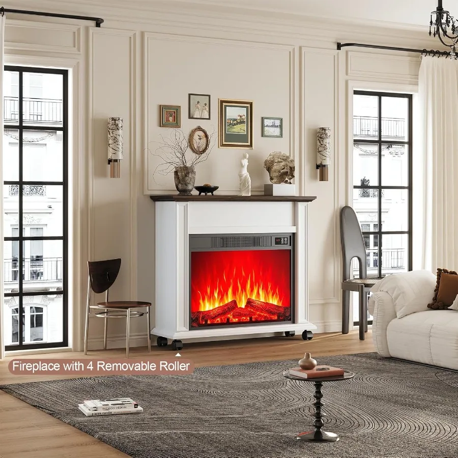 مدفأة كهربائية مع رف المزرعة، مواقد كهربائية، حامل تلفزيون، مدفأة بيضاء، مركز ترفيه مع سخان 23 بوصة