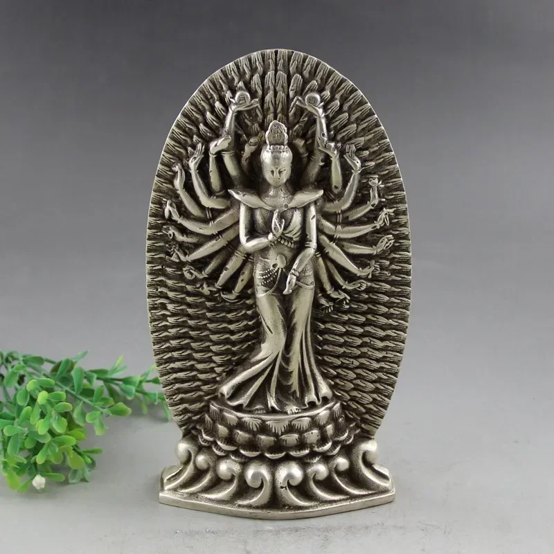 

27cm Brass Crafts Rare Decorated Handwork Tibet Silver Carving Hands Kwan Yin Statue