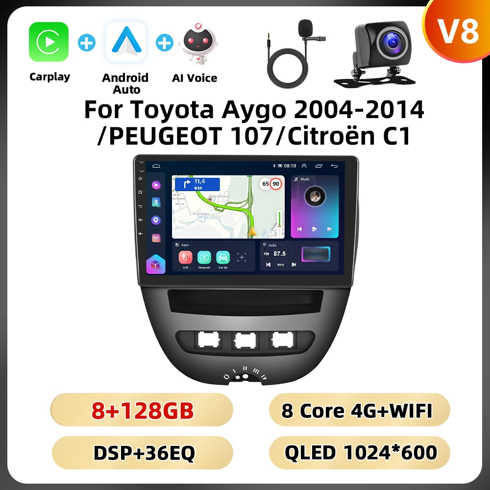 Podofo 10.1 ''8Core Autoradio Voor Toyota Aygo 2004-2014/PEUGEOT 107/Citroën C1 multimedia Speler Carplay Android Auto GPS WIFI - afbeelding 1