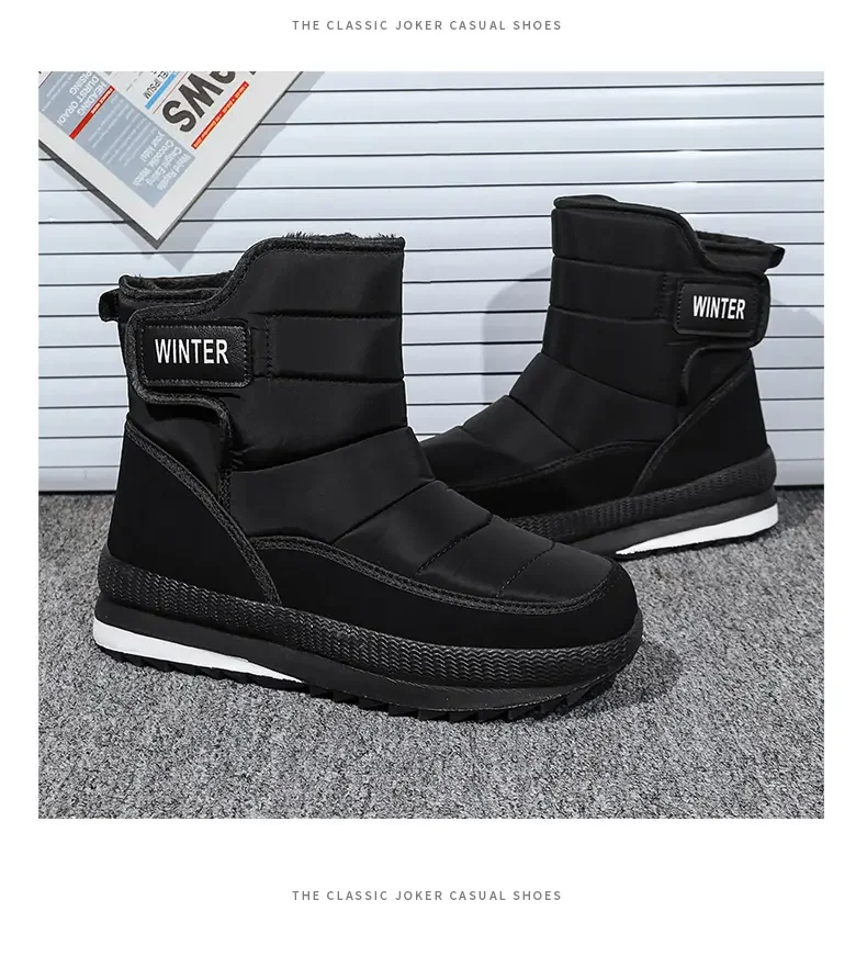 Winter New Men\'s High Top Plush Warm Big Size Cotton Boot Soft Sole Non Slip Waterproof Hook Outdoor Snow Boots