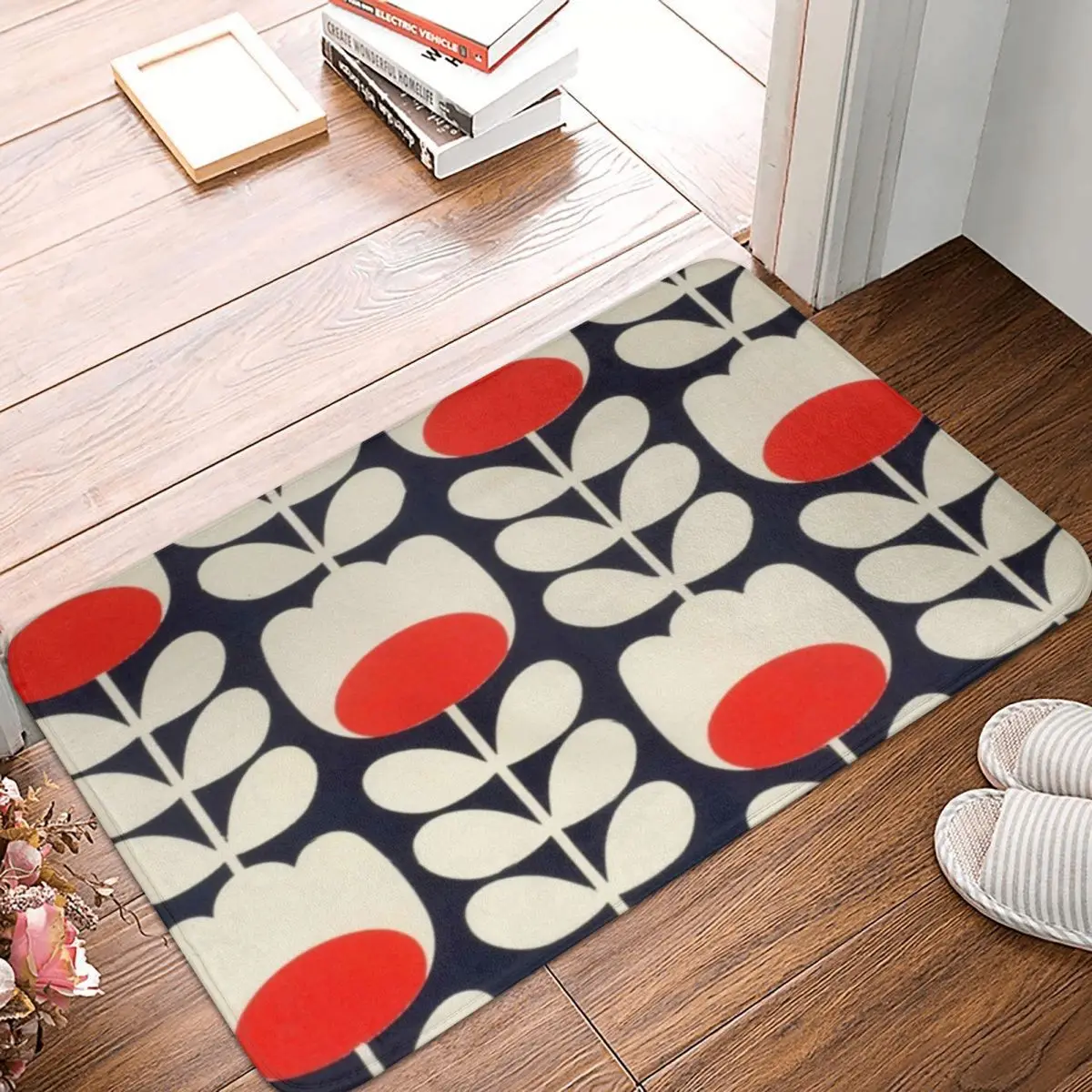 Orla Kiely, Multi Stem Flowers, Red,white Non-slip Doormat Floor Mat Carpet Rug for Kitchen Entrance Home Bathroom Footpad Mats