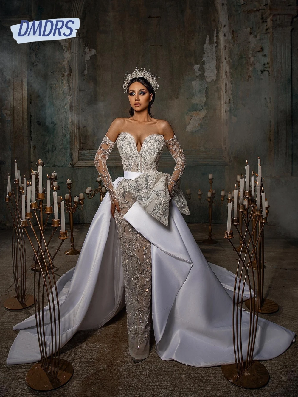 

Sweet Off the Shoulder Glitter Wedding Dress Delicate Sequined Customized Bridal Gown With Detachable Train Luxurious Corset