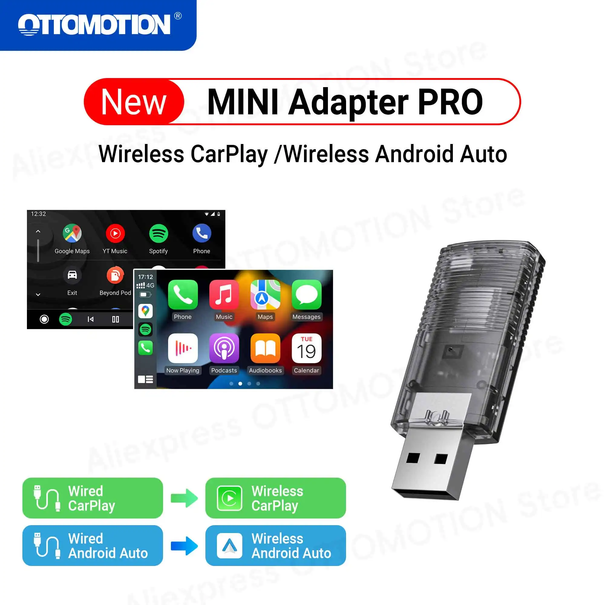 Ottomotion ไร้สายขนาดเล็กอะแดปเตอร์2 in 1 CarPlay Android Auto บลูทูธสำหรับรถยนต์ดองเกิล USB สำหรับ Benz VW Kia Haval Toyota MAZDA Audi