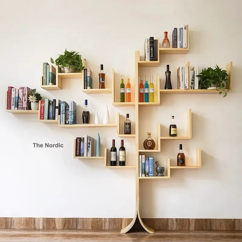Creative Tree Shaped Wine Rack Solid Wood Full Wall Bookcase Storage Shelf Simple Kindergarten Picture Book Display Stand for