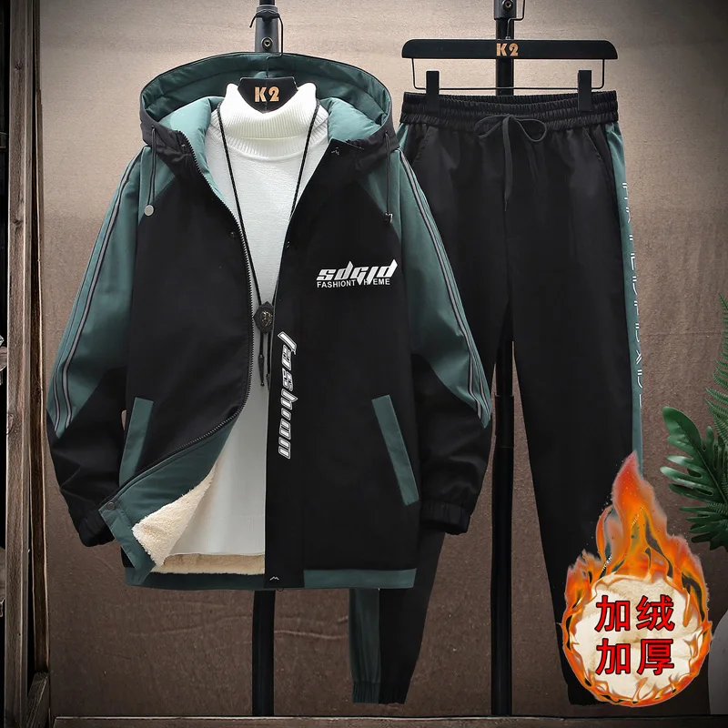 Men's Sets Jacket + pant Warm Winter Warm Sweatshirt Cashmere Tracksuit Men's Sets Fleece Jacket Hooded Casual Track Suits