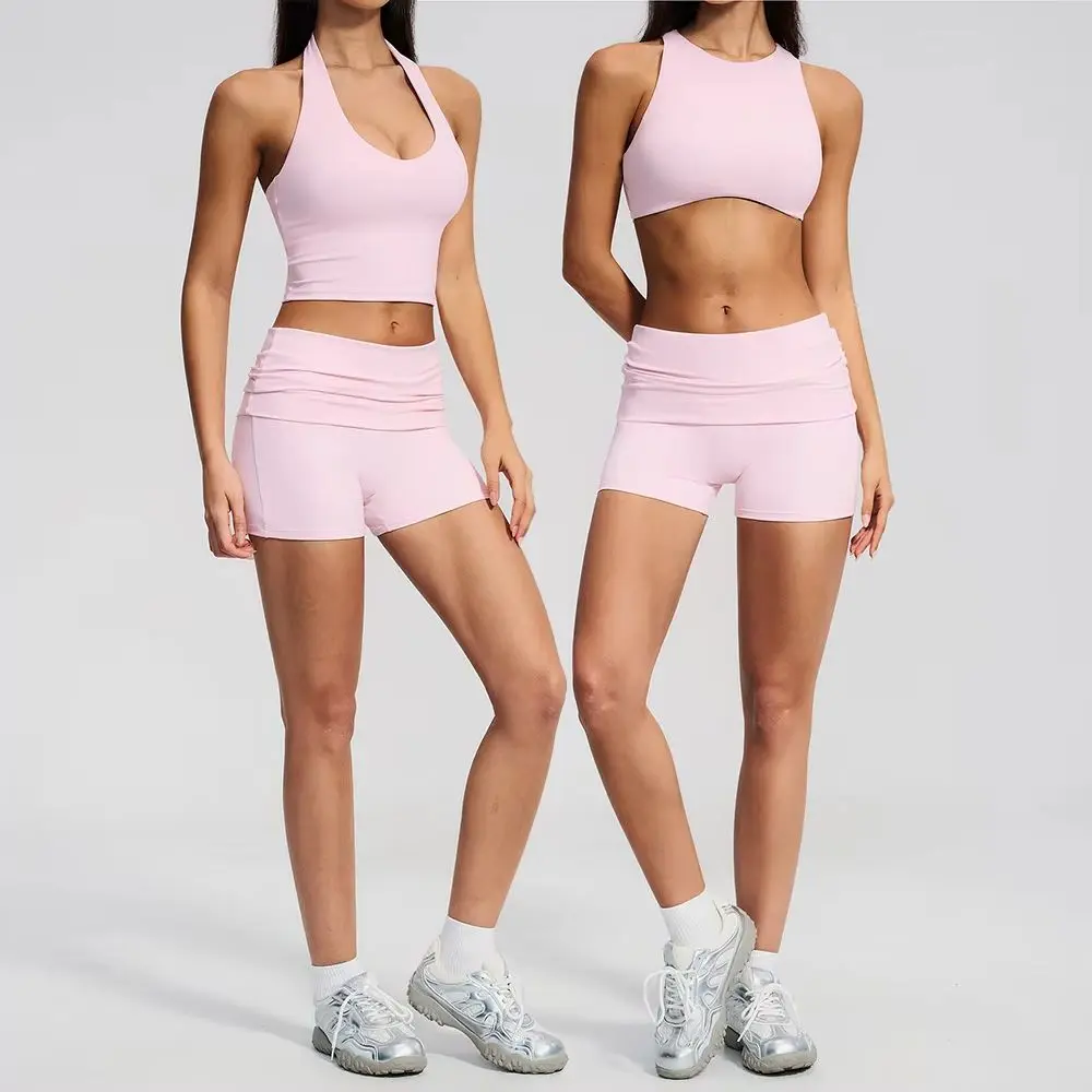 

Yoga Gym Set Women Tracksuit Hanging Neck Yoga Bra High Waist Workout Athletic Wear Shorts Sports Set Fitness Clothes Sportswear