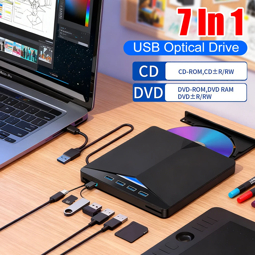 

Внешний привод для компакт-дисков и DVD 7 в 1, портативный DVD-плеер, USB3.0 Type-C, внешний DVD-привод для записи компакт-дисков, высокоскоростной Plug-and-Play для Windows 11/10