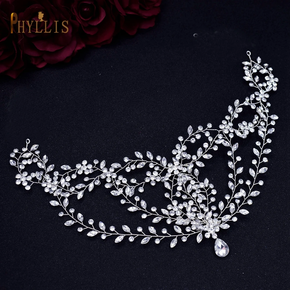 A489 Zilver Bruids Hoofddeksel Kristal Voorhoofd Hoofdband Ketting Haar Sieraden Voor Vrouwen Strass Tiara Bruiloft Haar Accessoires