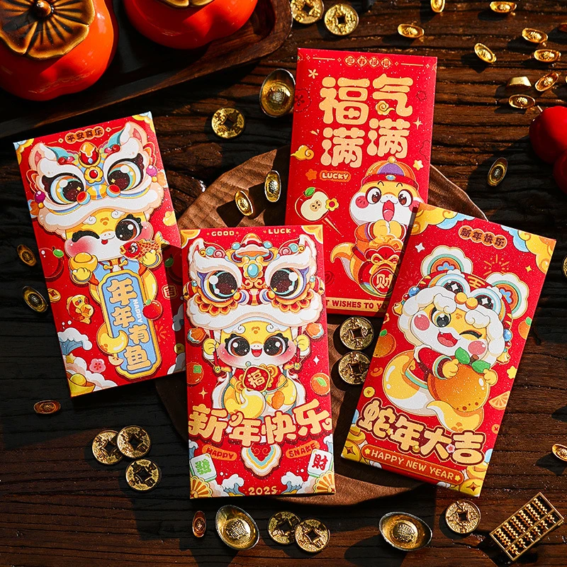 6Pcs Chinese Snake Year Red Envelopes Creative Spring Festival Red Packet Cartoon Cute Lucky Money Pockets New Year Gifts