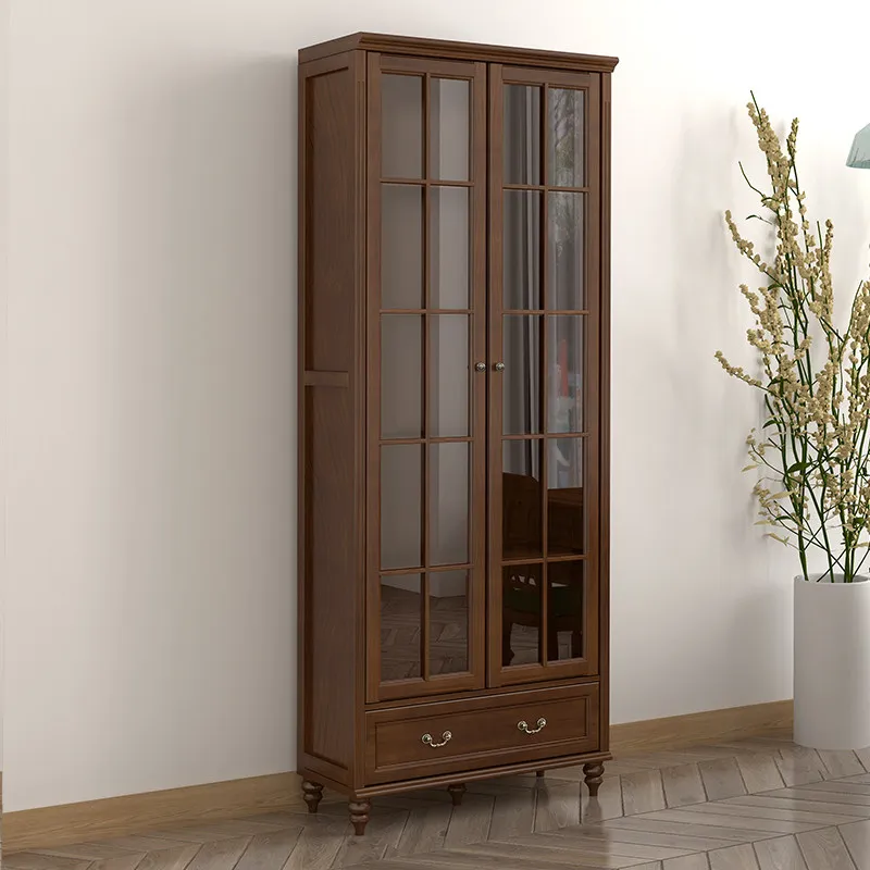 Pure solid wood American vertical cabinet bookcase with glass door home storage cabinet shelf wall-by-wall living room display c