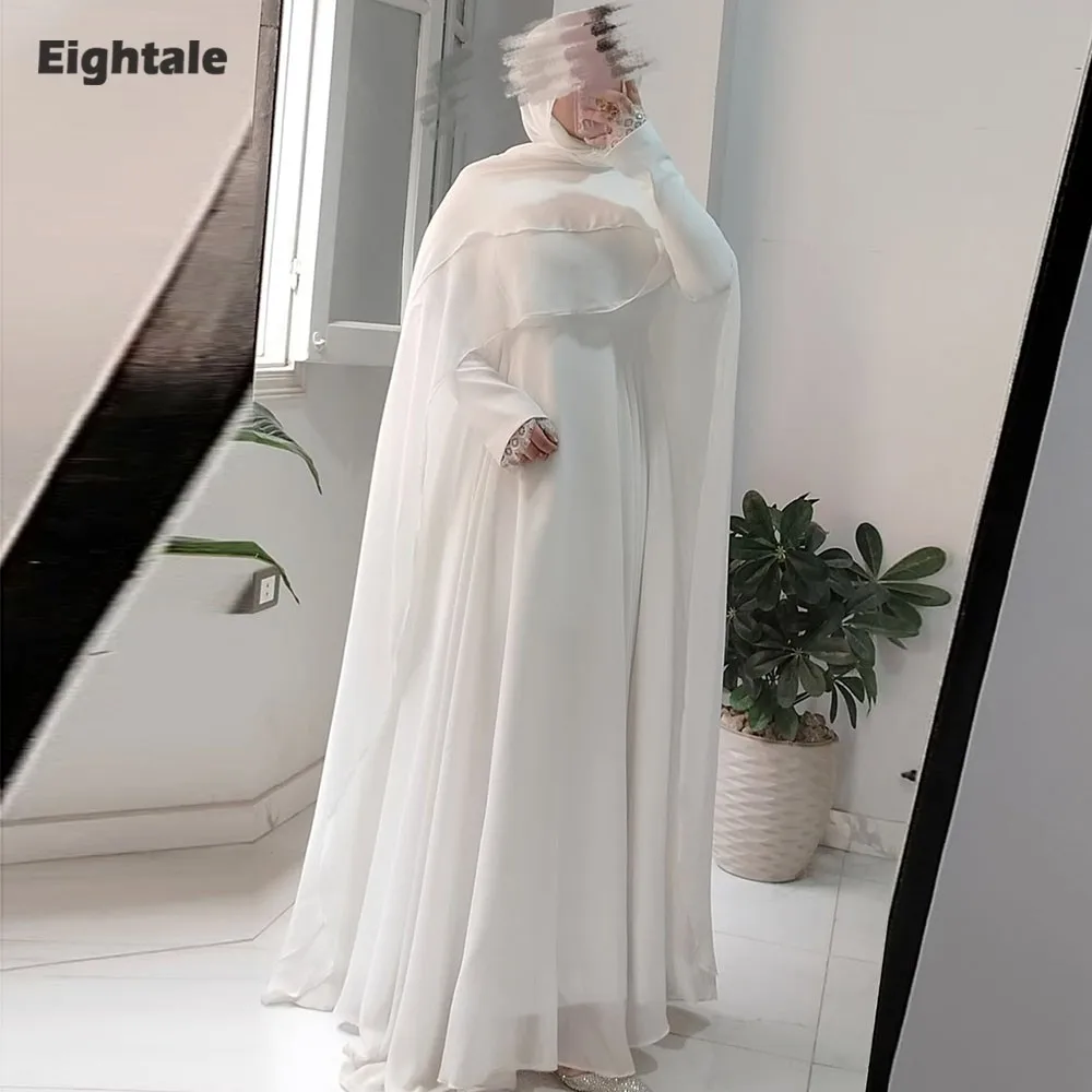 

Eightale Arabic Wedding Dress O-Neck Customized Ivory Floor Length Muslim Chiffon Long Sleeves Bridal Gown Party Dress