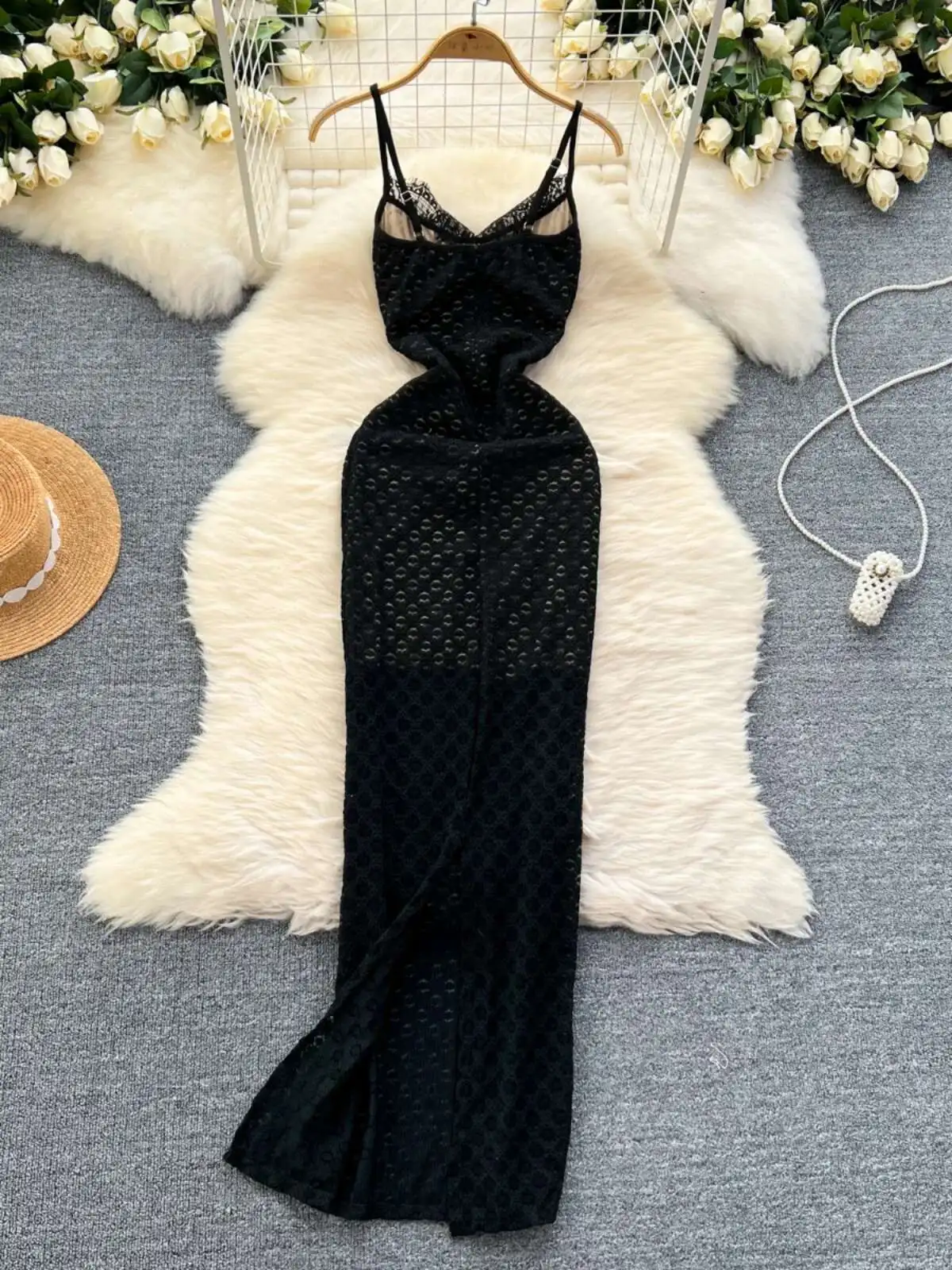 Vestido de fiesta negro Sexy para mujer, Vestidos ajustados de encaje de verano, Vestidos largos de noche de malla con cuello en V sin mangas para mujer
