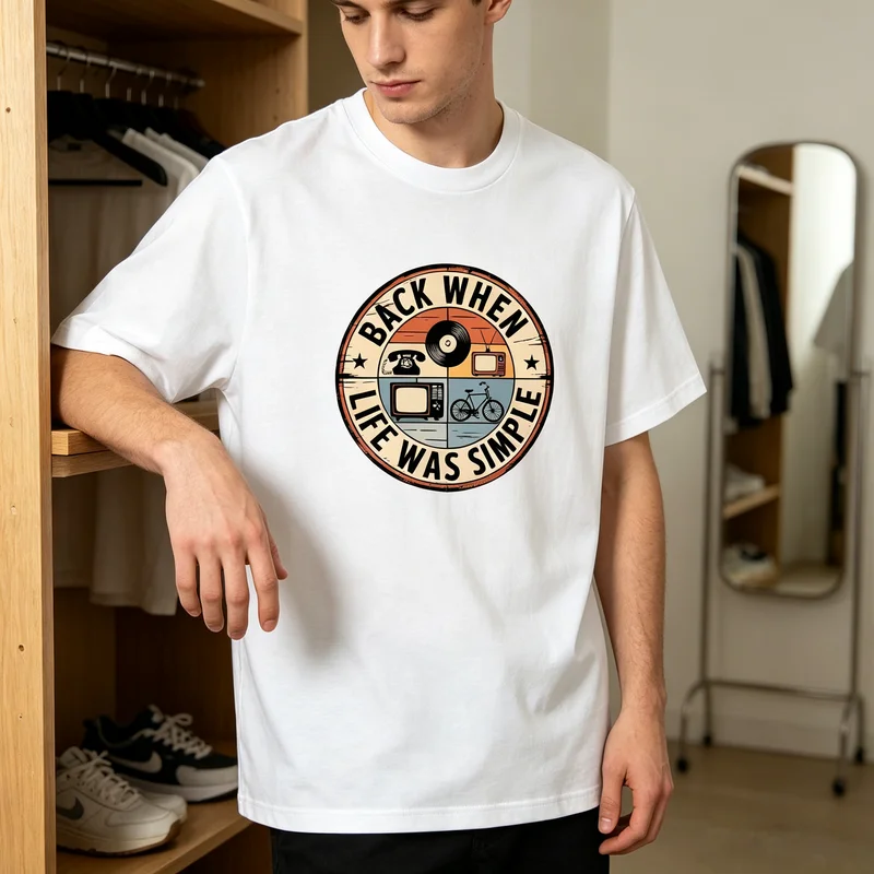 Vintage Retro Graphic T-Shirt for Men Women Relaxed Fit Casual Streetwear Everyday Tee with Nostalgic Record Bike Radio Print