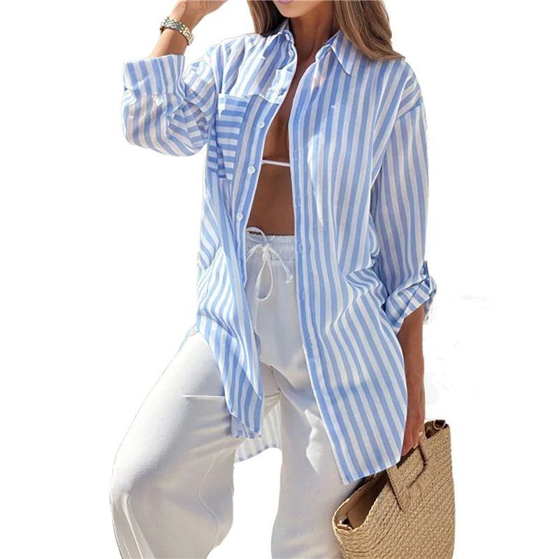 ABRT-Kemeja Berkancing Wanita Atasan Blus Berkerah Longgar Pacar Lengan Panjang Kasual