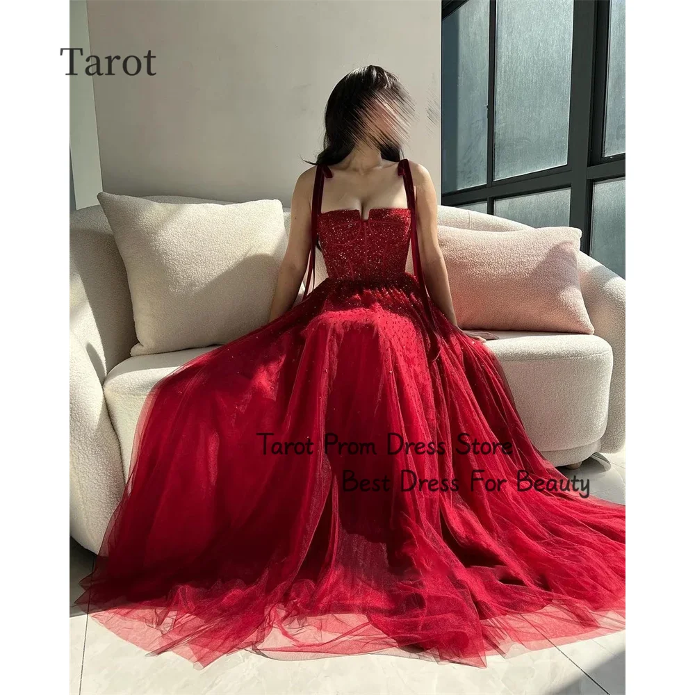 Tarot Red Spaghetti Straps Prom Dresses Tulle A Line Elegant Evening Dress For Women Floor Length Saudi Arabia فساتين سهرة